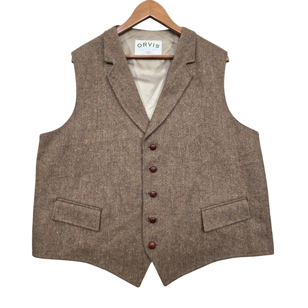 Orvis Mens XL 100% Wool Donegal Tweed Vest Brown Leather Buttons Made in USA